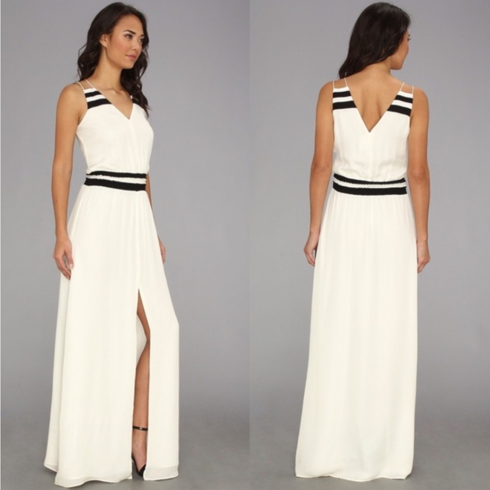 Parker Cream and Black Silk Sleeveless Dress with V-Neck and Slit